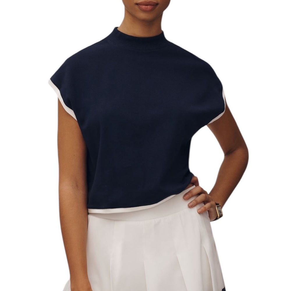 Maeve Anthropologie Mock Neck Shell Tee Navy Blue Sleeveless Women's Top